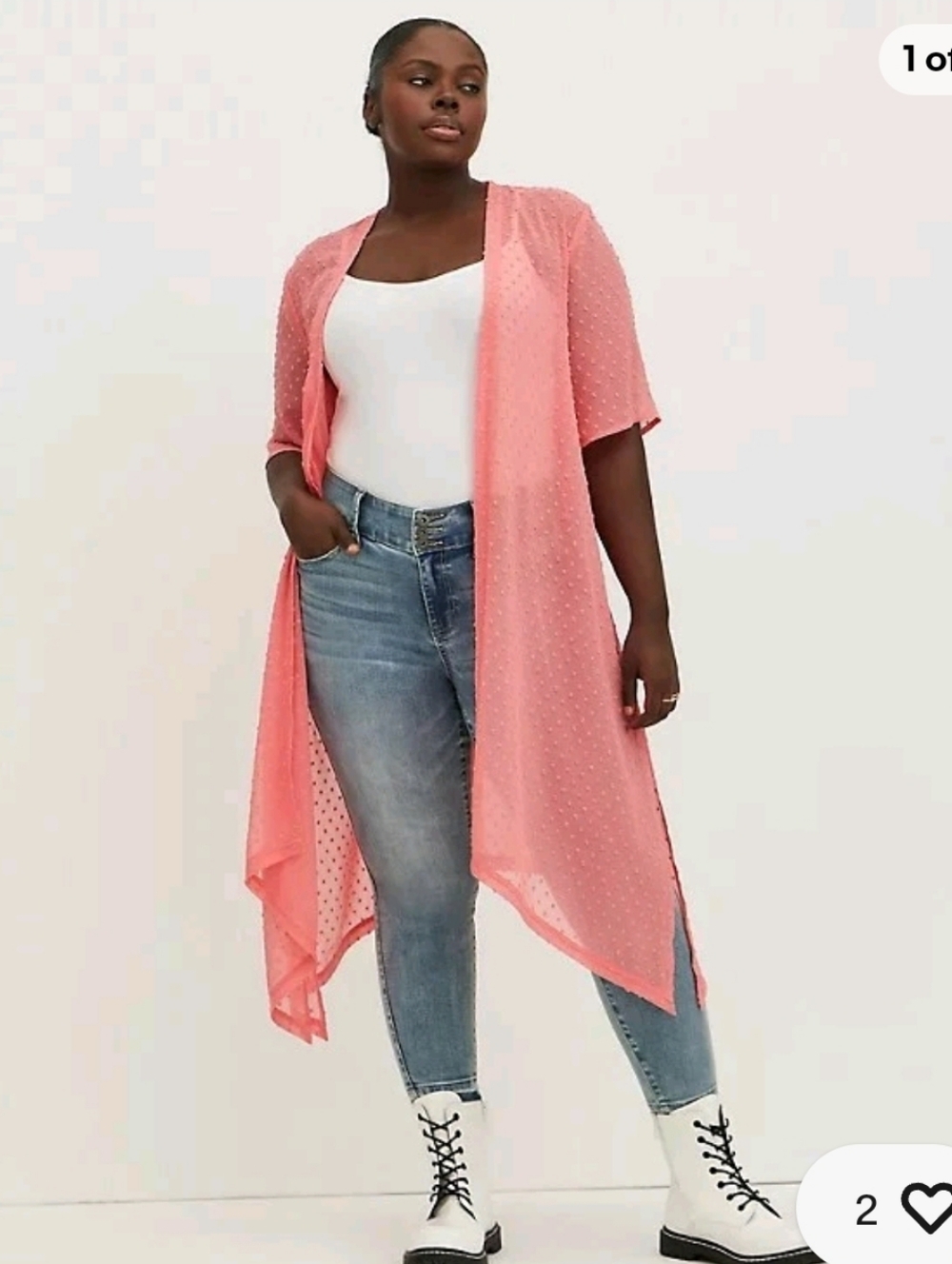 Torrid Size 3 Coral Pink Chiffon Clip Dot Hi Lo Flowing Open Front Kimono